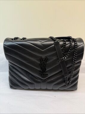 Saint Laurent Black Quilted Chevron YSL Chain Shoulder Bag